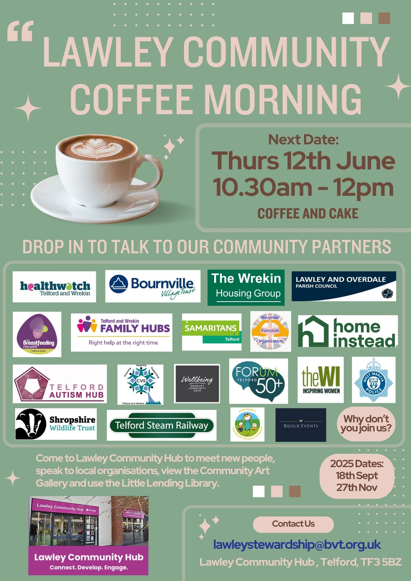 A poster giving details of all the partners attending the coffee morning on Thursday 12th June at Lawley Community Hub.